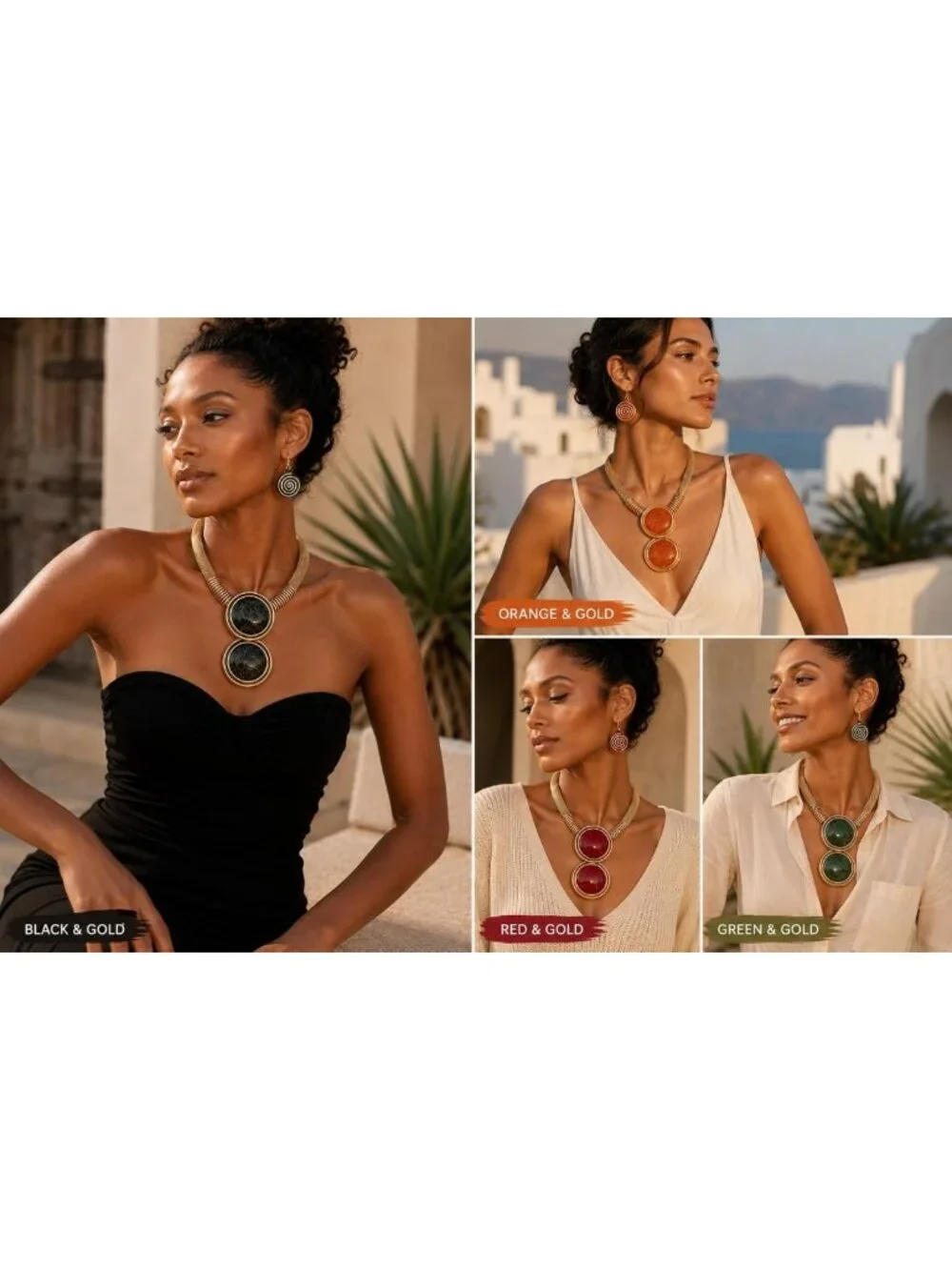 Chunky Gold Mesh Bib Necklace Set with Round Pendant & Spiral Earrings - African